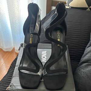 Fashion Nova Black Strap Wedge Heels
